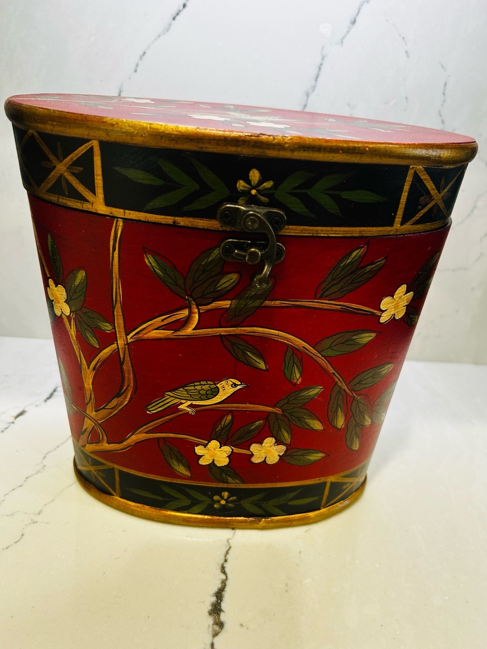 Hand-Painted Red Floral Bird Decorative Box - Unbranded